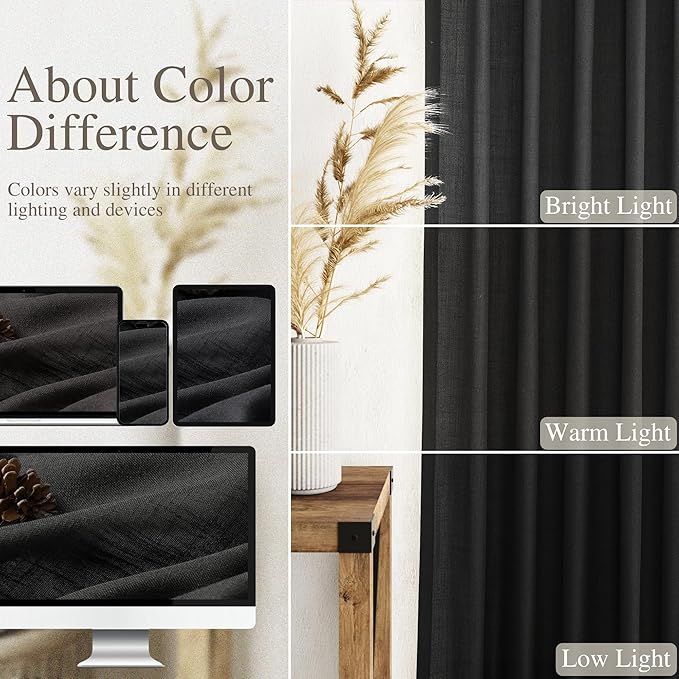 Black Large Window Curtains Light Filtering Semi Sheer Privacy Linen Textured Curtain for Patio Sliding Glass Door Extra Wide Rustic Farmhouse Drapes for Living Room Bedroom Sunroom 100x90 Inch