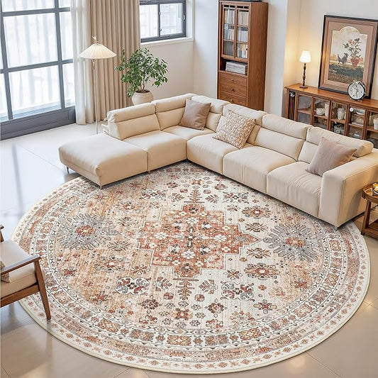 zesthome 9ft Round Rugs for Living Room, Non-Slip Washable Round Area Rugs, Ultra-Thin Large Circle Rugs, Soft Low Pile Rug for Bedroom, Kitchen - Vintage Stain Resistant Round Rug (Orange,9'x9')