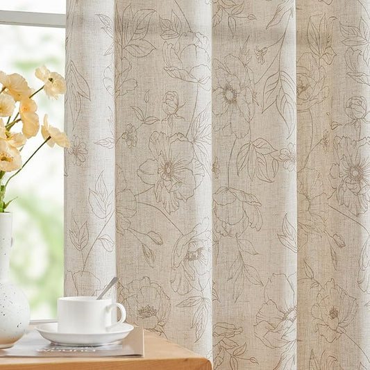 jinchan Floral Linen Curtains for Living Room 96 Inch Length Taupe Flower Curtain Rod Pocket Back Tab Farmhouse Curtains with Printed Floral Bedroom Window Curtain Set, 2 Panels Taupe