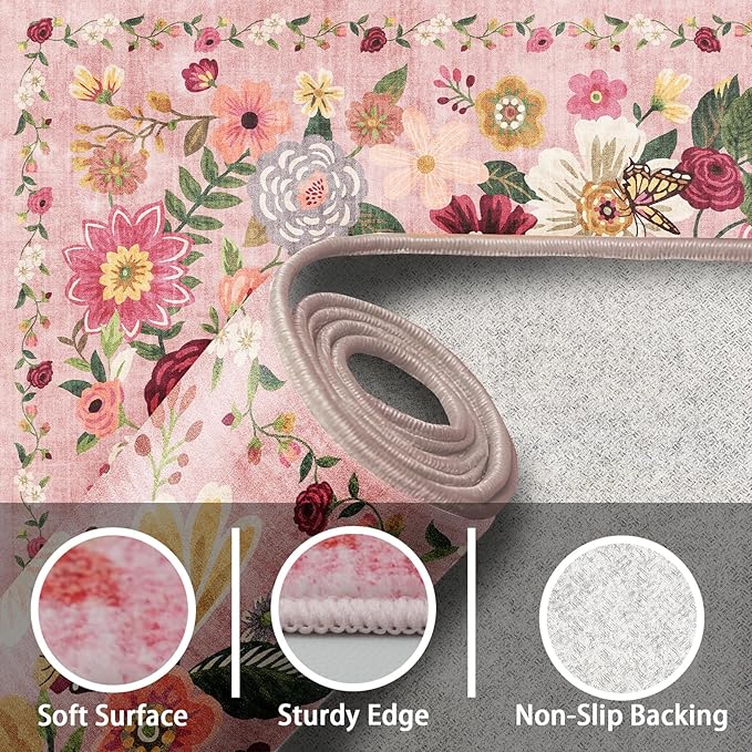 Pink Floral Girls Room Rug 5x7, Non-Slip Washable Rugs for Bedroom Living Room Nursery Kitchen Dining Room Indoor, Ultra-Thin Soft Stain Resistant Girls Room Decor(5 x 7, Pink Garden)
