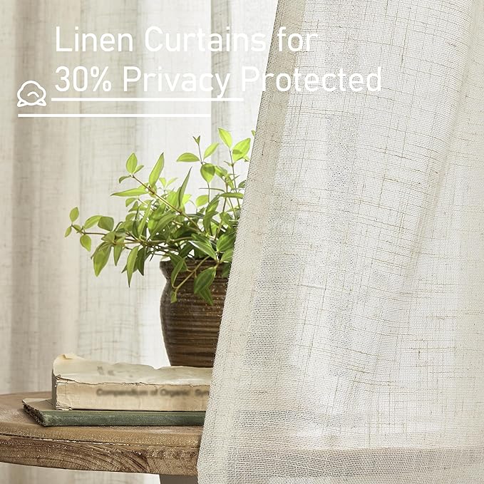 LAMIT 68 inch Semi Sheer Linen Curtains 2 Panels Set, Cream Ivory Light Filtering Panels Back Tab and Rod Pocket Neutral Drapes for Kitchen/Window/Sliding Glass Door, 52 x 68 Inch