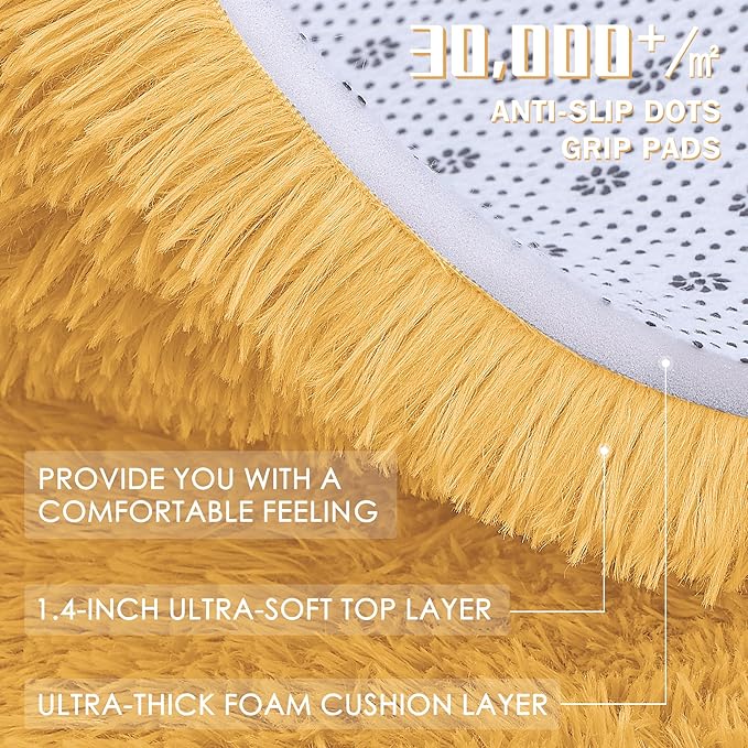 OLANLY Mustard Yellow Round Rugs for Bedroom - Machine Washable, 7 ft Circle Area Rugs for Living Room, Soft and Fluffy Shaggy Carpet for Teen Girl and Boys, Nursery Rooms, Dorms, Home Decor Aesthetic
