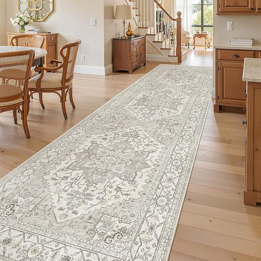 Madane 3x12 Hallway Runner Rug, Non Slip Washable 12ft Runner for Hallways Soft Vintage Kitchen Rugs Low-Pile Thin Floor Carpet Runner for Entryway Bathroom Bedroom, Beige/Brown