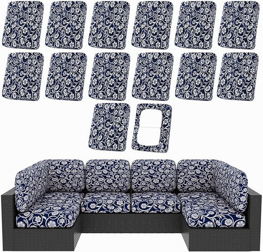 hyha 14Pcs Patio Cushion Covers, Stretch Outdoor Couch Cushion Covers Replacement, Washable Outdoor Chair/Sofa Slipcovers for Patio Furniture Cushions Protector with Elastic Bottom(Baroque,Cover Only)
