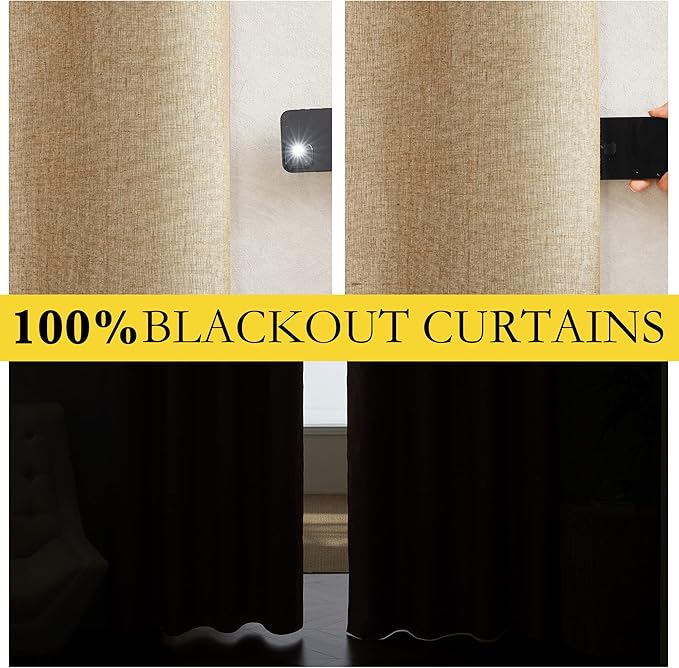 NICETOWN 100% Absolutely Blackout Linen Curtains with Thermal Insulated White Liner, Camel, 34" Wide by 60" Long, 2 Pieces, Linen Blend Window Drapes Privacy Window Treatments for Bedroom/Kids Room