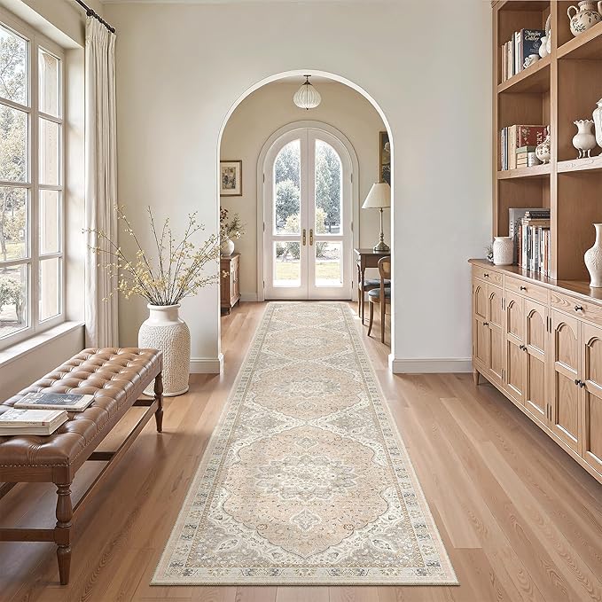 Madane Hallway Runner Rug 2x12, Extra Long Washable Runner Rugs with Rubber Backing, Non Slip Carpet Runner for Hallway, Vintage Rug Runners for Kitchen Laundry Room Entryway (Pink/Gray, 2'x12')