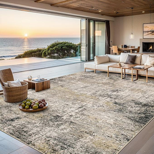 Area Rugs 10x14 Living Room - Washable Rug Modern Abstract Soft Large Neutral Non-Slip Carpet Indoor Floor Thin Carpets for Bedroom Dining Room Farmhouse Nursery Home Office Brown Black Grey