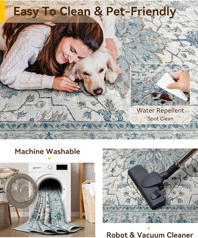 Area Rugs 3'x9' Runner Rug Non Slip Washable for Kitchen Hallway Bedroom Beside Laundry Room Bathroom Rug, Floor Carpet, Light Blue Navy Beige Gray White