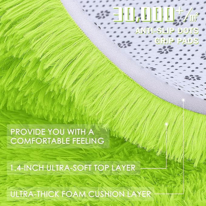 OLANLY Lime Green Round Rugs for Bedroom - Machine Washable, 4 ft Circle Area Rugs for Living Room, Soft and Fluffy Shaggy Carpet for Teen Girl and Boys, Nursery Rooms, Dorms, Home Decor Aesthetic