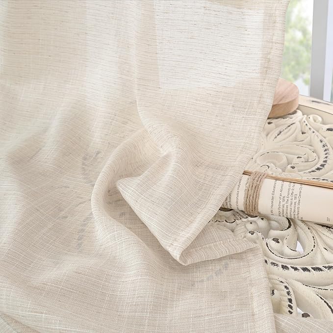 BGment Oatmeal Linen Curtains 63 Inches Long for Bedroom Windows, Sheer Drapes Lightweight Rustic Country Textured for Farmhouse Living Room Decor Rod Pocket, 2 Panels Set, Each 42 Inch Wide