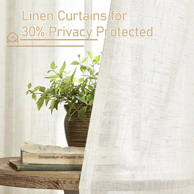 LAMIT Extra Wide Linen Curtains for Bedroom, Cream Light Filtering Faux Linen Textured Panels Semi Sheer Back Tab and Rod Pocket Boho Drapes for Living Room, 2 Panels, 70 x 84 Inch