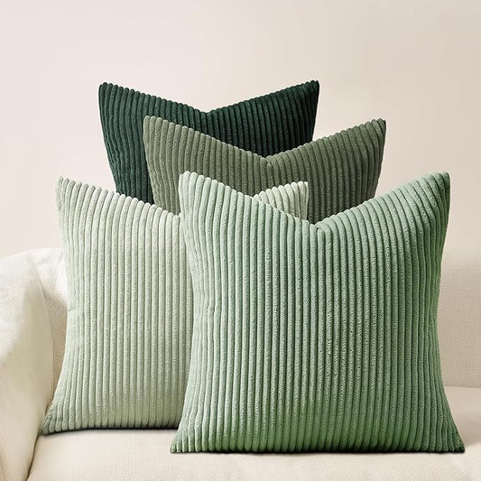 Topfinel LightGreen Boho CouchDecorative Throw Pillows Covers 18x18 Inch Set of 4,Olive Emerald Green Corduroy Soft Cushion Case,Rustic Fun Living Room Decor Green Gradient Cushion Covers(45×45cm)
