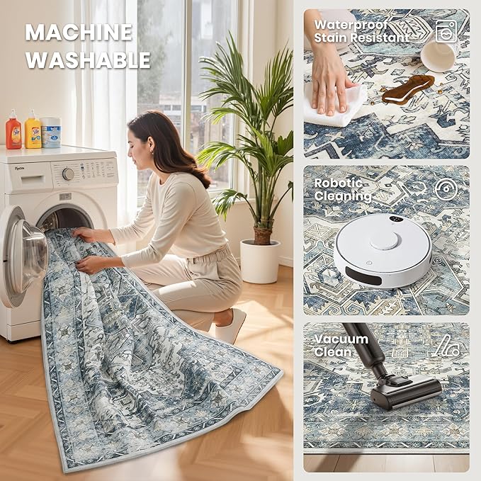 zesthome 9x12 Area Rugs-Washable Rug for Living Room, Non-Slip Backing Rugs, Stain Resistant 9x12 Rug for Bedroom, Ultra-Thin Low Pile Rugs, Vintage Large Home Decor