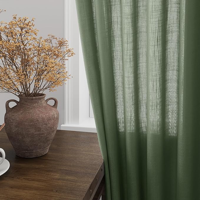 Nanspring Olive Green Linen Curtains for Living Room 2 Panels Set 126 Inch Length Back Tab Light Filtering Semi Sheer Curtain Drapes for Bedroom 52x126