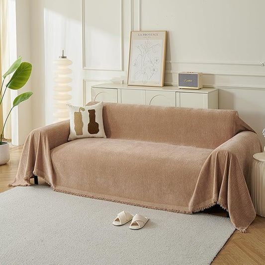 Couch Cover for Dogs, Boho Sofa Covers for 2 Cushion Couch, Chenille Sofa Slipcover for Pets Washable, L-Shape Sectional Couch Loveseat Cover Soft Throw Blankets with Tassels(71x102,Khaki)