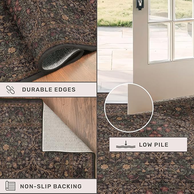 Vintage Washable Dark Brown Rugs for Living Room, 8x10 Area Rugs for Dining Room Under Table, Bedroom, Black Brown Deep Olive Taupe Espresso Accent Floral Carpet Non-Slip, Low Pile Stain Resistant