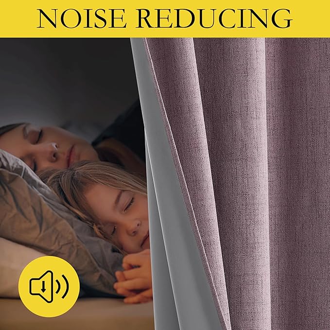 NICETOWN Chaise Mauve Vintage Linen 100% Blackout Curtains for Living Room, Thermal Insulated Curtains 63" Long, Noise Reducing Window Treatment Drapes for Hall Room, 52" Wide Per Panel, Set of 2