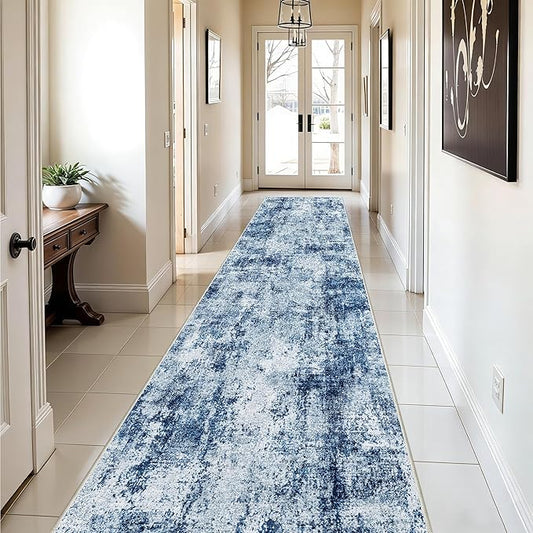 3x12 Washable Hallway Runner Rug: Non Slip Carpet Runners Easy-to-Clean - Soft Living Room Bedroom Kitchen Rugs - Thin Low Pile Printed Floor Mat for Dining Room Neutral Blue