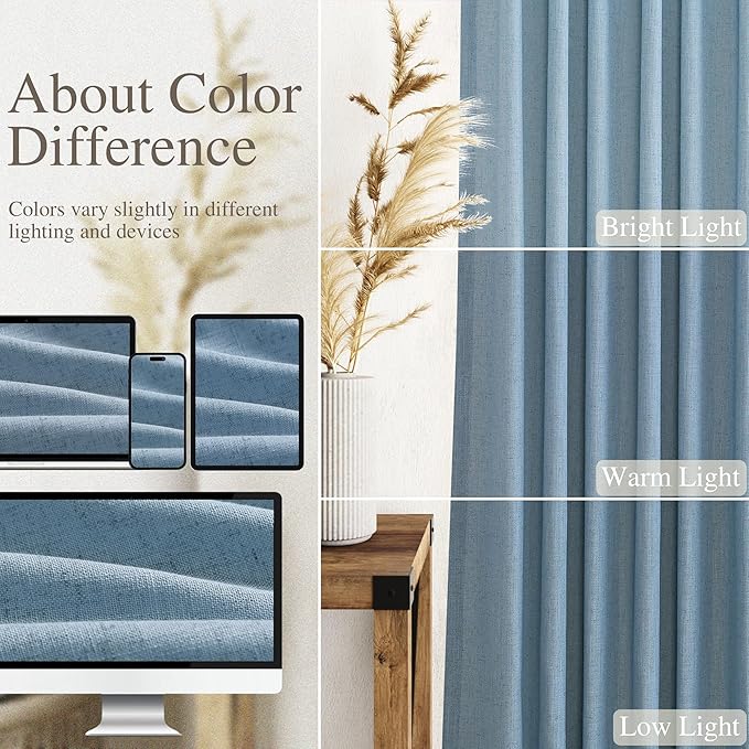 Blue Linen Curtains 96 inches Long for Bedroom Back Tab Light Filtering Privacy Sheer Curtains Modern Farmhouse Coastal Decor Dusty Blue Cotton Textured Gauze Curtain 2 Panel Set 52x96