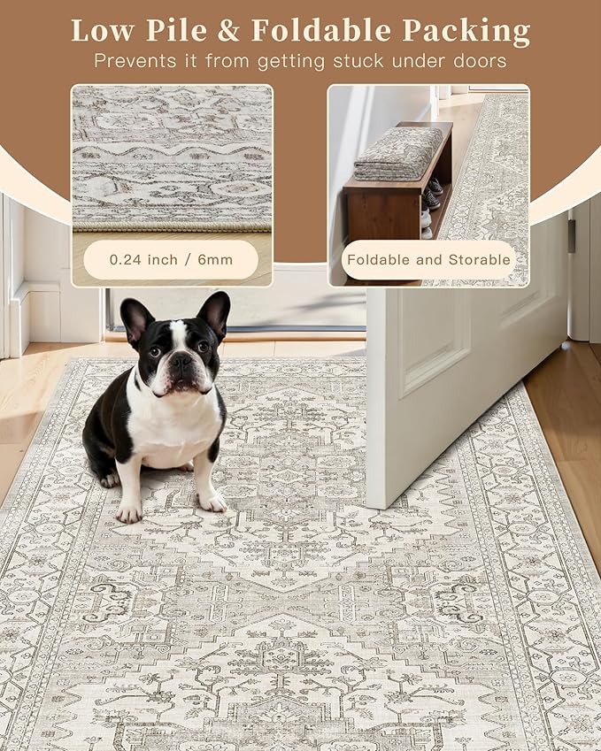 Madane Hallway Runner Rug 2'6''x16' Kitchen Runner - Non Slip Vintage Runners for Hallways Washable Kitchen Rugs Soft Low Pile 2.5x16 ft Rug Runners for Laundry Room, Entryway and Bedroom, Beige/Brown