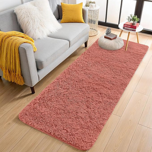 OLANLY 2x5 Machine Washable Runner Rugs for Hallway, Soft Fluffy Shaggy Bedside Rugs for Bedroom, Living Room, Indoor Floor Carpet for Kids Girls and Boys, Home Decor Aesthetic, Rust Red