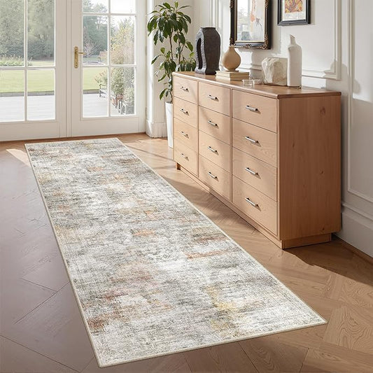 Washable Runner Rugs for Bedroom - 2x6 Runner Rug Non Slip, Ultra-Thin Entryway Runner, Soft Abstract Kitchen Runner for Hallway, Laundry, Bathroom, Indoor Door Mat(2'x6', Grey/Rust)