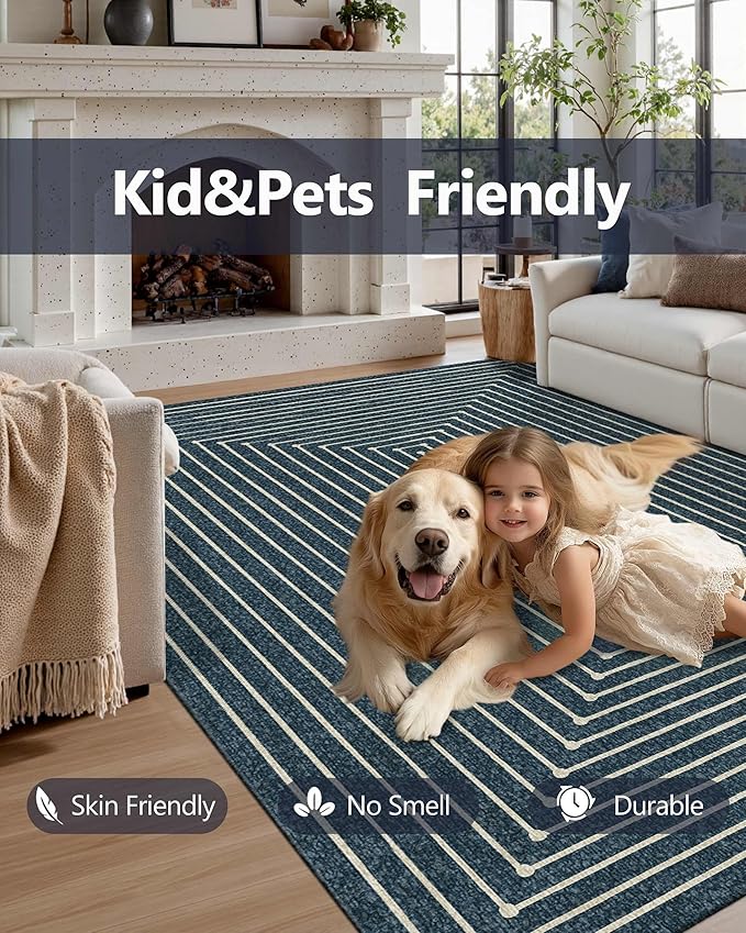 Latte&Fog 6x9 Area Rugs for Living Room Bedroom, Blue Modern Abstract Washable Rug, Boho Non Slip Low Pile Carpet for Indoor Dining Room, Dorm, Classroom, College Dorm, Farmhouse and Kids Room - Blue