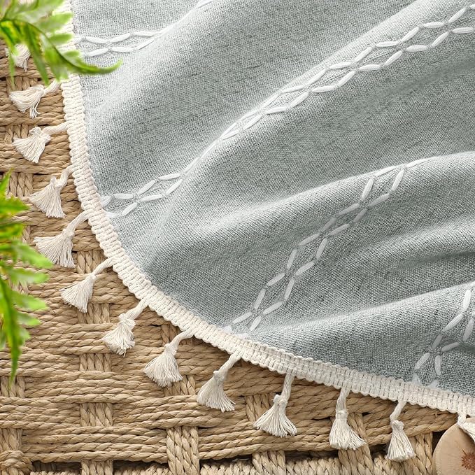 Teal Boho Blackout Curtains 72 Inches Long Light Green Linen Blend 2 Panels with Tassels and Cotton Embroidery, Farmhouse Vintage Rustic Rod Pocket Drapes for Living Room or Bedroom
