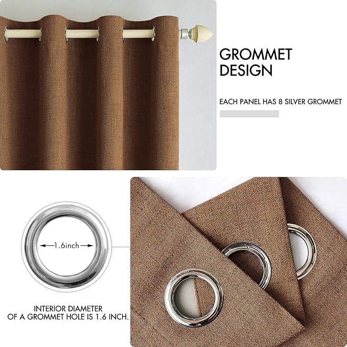 MIULEE Linen Curtains for Bedroom 100% Blackout Thermal Insulated Brown Grommet Room Darkening Curtains & Drapes Fall Decor for Living Room Nursery 52 x 90 Inch (2 Panels)