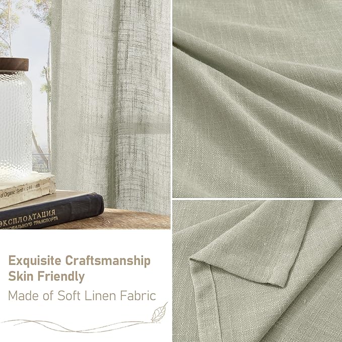 LAMIT 45 Inch Length Linen Curtains for Small Window, Semi Sheer Light Filtering Panels Back Tab and Rod Pocket Neutral Drapes for Bedroom, Sage Grey, 2 Panels, 34 x 45 Inch