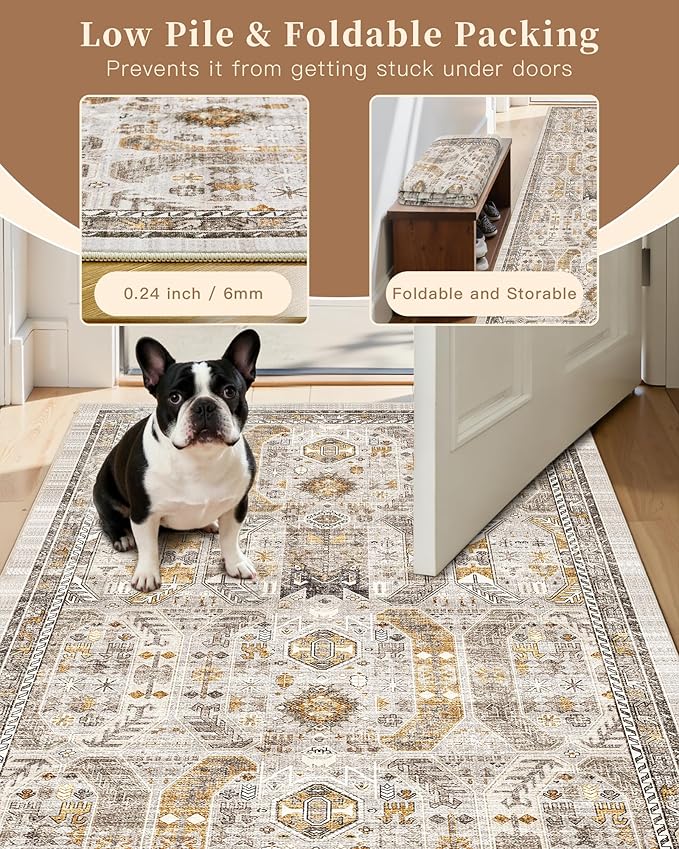 Madane Hallway Runner Rug - 2x5 Rug Runner Washable Runner Rugs Non-Slip Low-Pile Kitchen Runner Rug Laundry Room Rug Throw Carpet for Entrance Bedroom Living Room (2'x5', Brown/Gold)