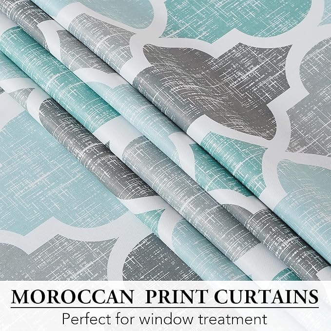 Beauoop Blackout Window Valances Curtains Geometric Quatrefoil Trellis Printed Room Darkening Thermal Insulated Rod Pocket Short Valance Curtains Cafe Bathroom, Spa/Gray, 50" W x 18" L, 1 Panel