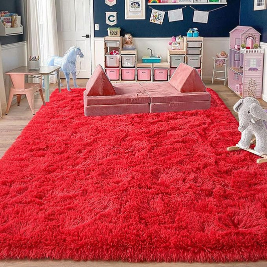 Rugs for Living Room 8x10, Soft Shaggy Modern Shag Area Rug for Bedroom, Upgrade Non-Slip Plush Fluffy Carpet for Kids Boys Girls Room Home Decor Aesthetic, Red