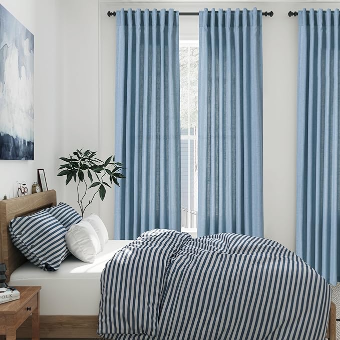 Blue Linen Curtains 102 Inches Long for Living Room 2 Panel Set Back Tab Rod Pocket Dusty Blue Semi Sheer Curtains Light Filtering Burlap Extra Long Drapes Farmhouse Decor for High Window 40x102