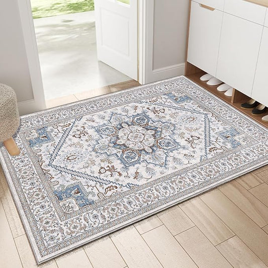 OPPODREAM Soft Throw Rugs 2x3, Small Neutral Washable Entryway Rugs 2 x 3 with Non Slip Backing, Low-Pile Faux Cashmere 2 x 3 Carpet, Cream White & Blue & Light Brown