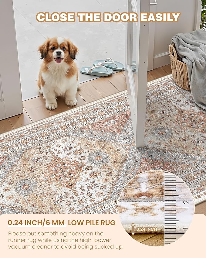 4x10 Runner Rug, Washable Hallway Runner Rug with Non-Slip Backing, Low Pile Wide Runner for Living Room, Entryway, Kitchen, Soft Vintage Home Decor Mat for Dining Room(Orange,4'x10')
