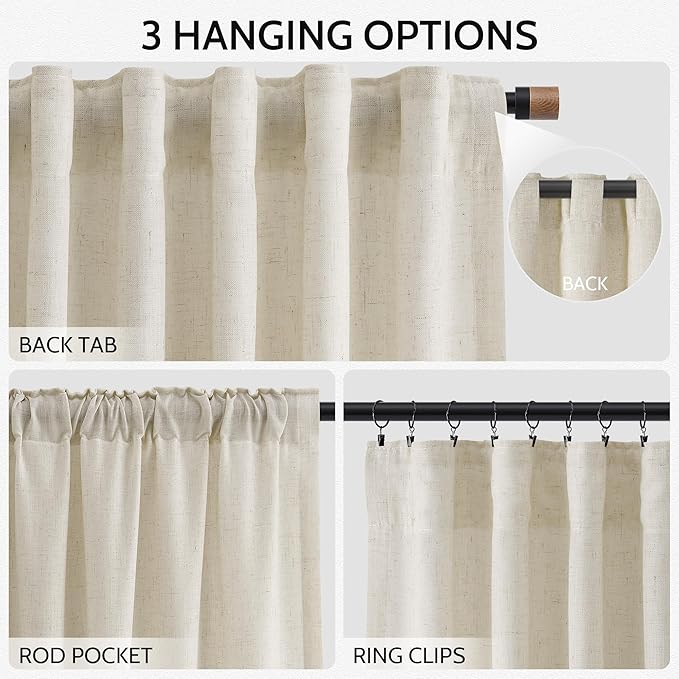 Nanspring Vanilla Linen Curtains 96 Inches Long for Living Room Modern Farmhouse Decor Luxury Light Filtering Semi Sheer Curtain Back Tab Coastal Drapes for Bedroom Office 52x96, 2 Panels