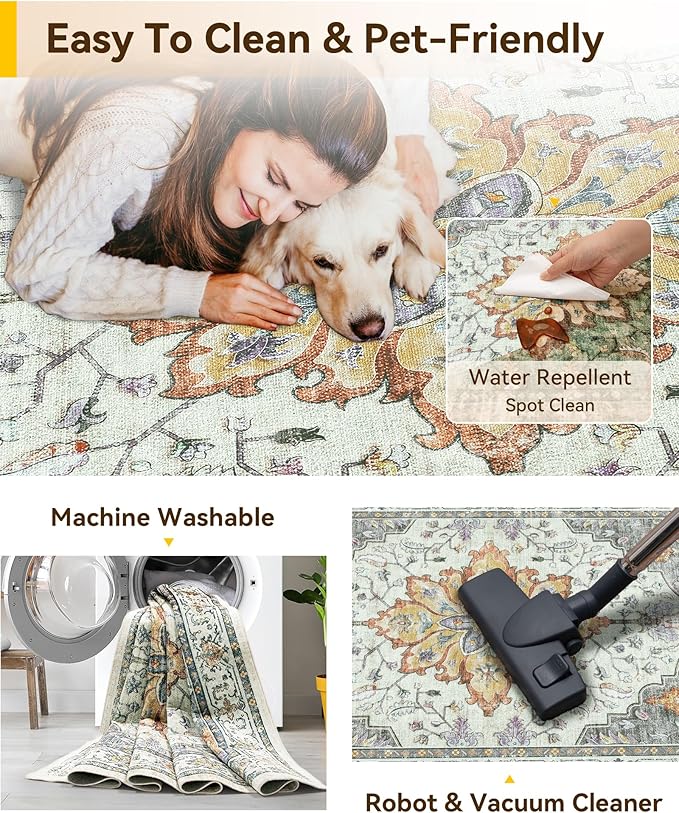 RELEANY Area Rugs Square 10ft Washable Non-Slip, Floral Vintage Distress Print Pattern Medallion Carpet for Living Room Bedroom Dining Room, Light Yellow Carbon Grey Orange