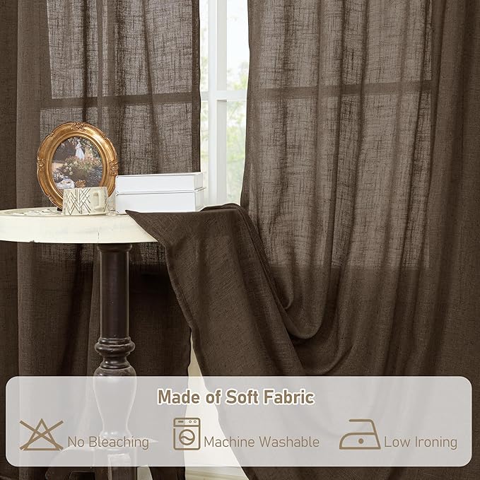 LAMIT Dark Brown Linen Boho Curtains 84 inch Length 2 Panels, Light Filtering Semi Sheer Panels Back Tab and Rod Pocket Neutral Drapes for Bedroom/Living Room, 34 x 84 Inch