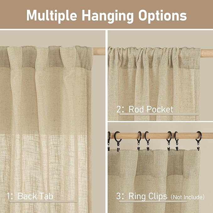 LAMIT Natural Linen Blended Curtains 63 Inch for Bedroom, Light Filtering Semi Sheer Burlap Curtains Farmhouse Boho Back Tab and Rod Pocket Drapes for Dining Room, 2 Panels (52 x 63 Inch, Linen)