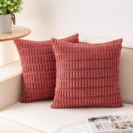 Pack of 2 Corduroy Decorative Throw Pillow Covers 16x16 Inch Soft Striped Pillow Covers Modern Farmhouse Home Decor for Sofa Living Room Couch Bed（Cranberry Red）