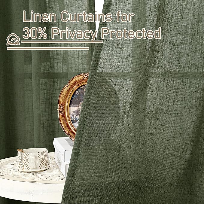 LAMIT Olive Green Linen Curtains for Living Room 84 inch Length 2 Panels, Light Filtering Semi Sheer Drapes Back Tab and Rod Pocket Christmas Panels for Bedroom/Sliding Glass Door, 52 x 84 Inch