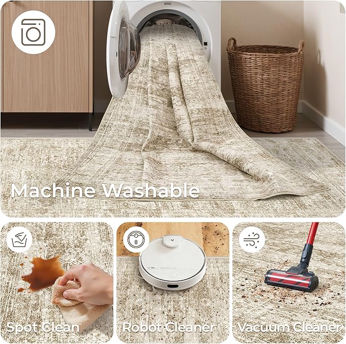 2x5 Rug Runner Washable for Entryway, Soft Bathroom Rugs with Non-Slip Backing, Abstract Low Pile Hallway Runner, Vintage Small Kitchen Carpet for Stair, Laundry Room(2'x5', Brown/Ivory)
