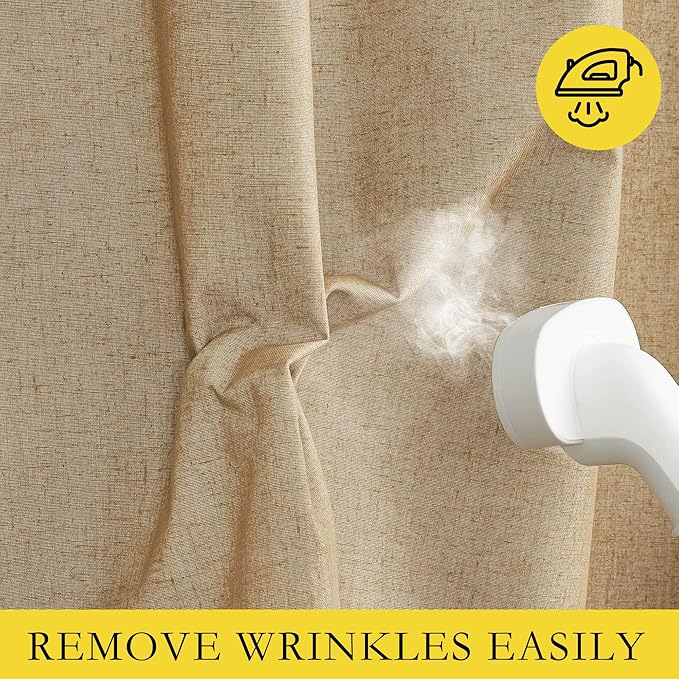 NICETOWN 100% Absolutely Blackout Linen Curtains with Thermal Insulated White Liner, Camel, 52" Wide by 63" Long, 2 Pieces, Linen Blend Window Drapes Privacy Window Treatments for Bedroom/Kids Room