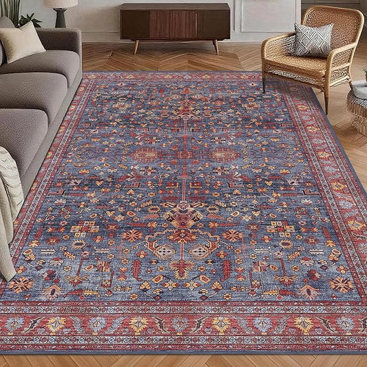 Washable Area Rug 8' x 10' Vintage Traditional Persian Mat - Foldable Distressed Non-Slip Machine Washable Carpet for Living Room Bedroom Kitchen Home Decor - Indigo and Crimson