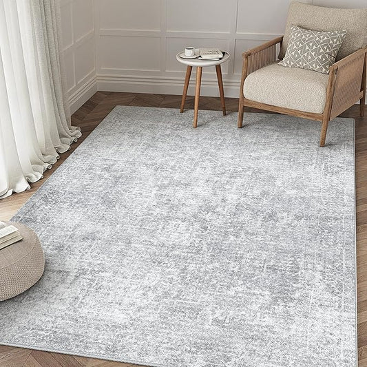 PureCozy 3x5 Area Rug Washable Vintage Entryway Living Room Carpet Indoor Office Non Slip Grey Entrance Distressed Low Pile Retro Accent Throw Rug for Dining Room Bathroom Bedroom Laundry