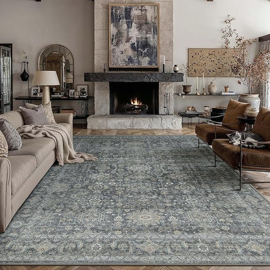 8x10 Washable Area Rug for Living Room Bedroom Vintage Black Grey Non Slip Carpet Traditional Retro Soft Low Pile Large Throw Rug for Dining Room Kitchen Office Indoor