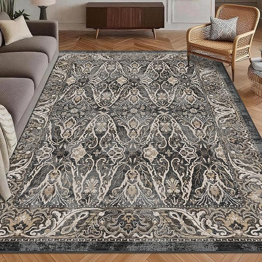 Washable Area Rug 6' x 9' Vintage Traditional Persian Mat - Foldable Distressed Non-Slip Machine Washable Carpet for Living Room Bedroom Kitchen Home Decor - Ebony and Taupe