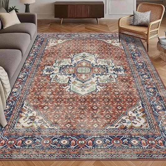 Washable Area Rug 3' x 5 ' Vintage Traditional Persian Mat - Foldable Distressed Non-Slip Machine Washable Carpet for Living Room Bedroom Kitchen Home Decor - Terracotta and Navy