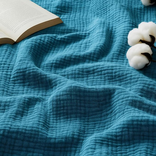 Bedsure 100% Cotton Muslin Throw Blanket Large 50x70 Inches - 4-Layer Breathable and Lightweight Thin Soft Summer Gauze Muslin Blankets for Adults, Teal, Boho Cotton Throw for Couch